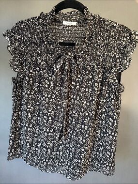 Pleione Black & White Floral Tie-Neck Ruffle Cap-Sleeve Top XS
